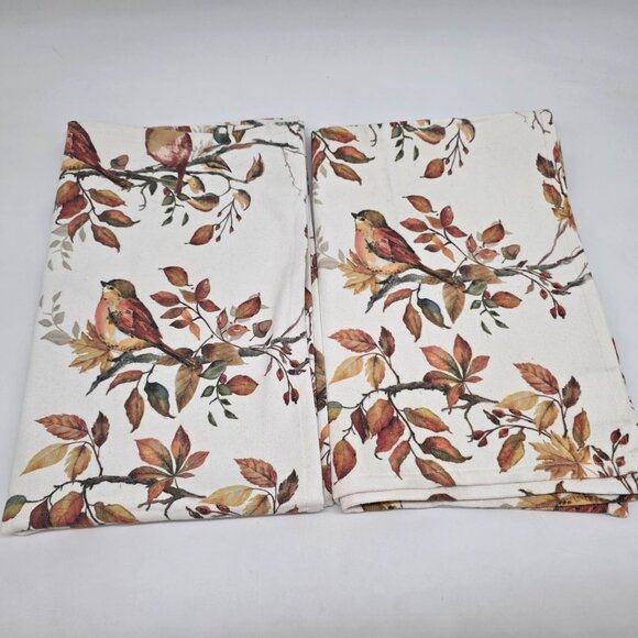 Nicole Miller Home Cotton Fall Bird & Leaves Print Kitchen Towels Set Of 2 - Picture 5 of 10